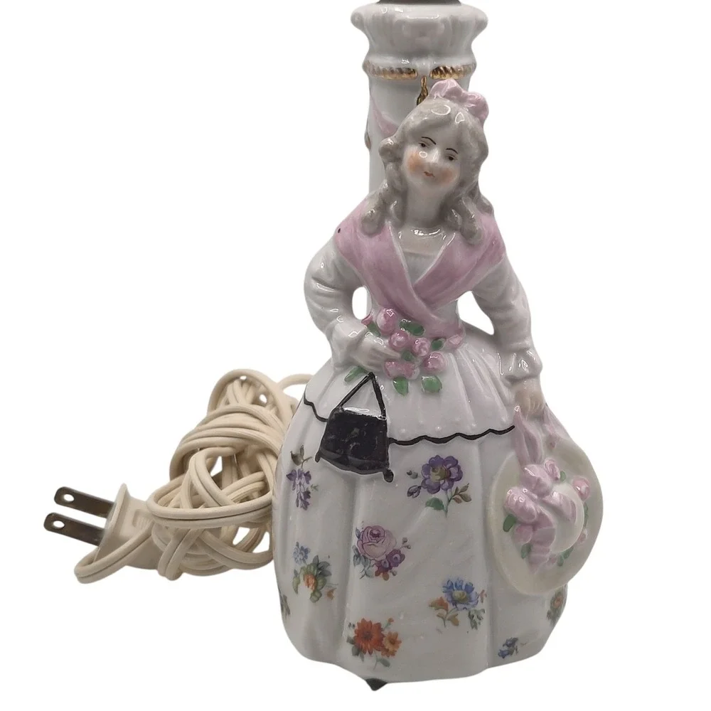 Vintage Dresden Porcelain Desk Lamp Colonial‎ Lady Floral Dress 1950s Works SEE